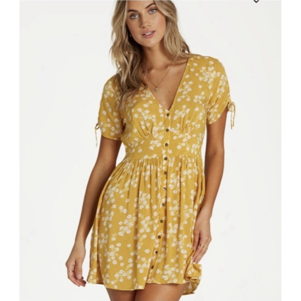 Billabong Yellow Floral Mini Dress Button Up SZ-Medium 100% Vicose